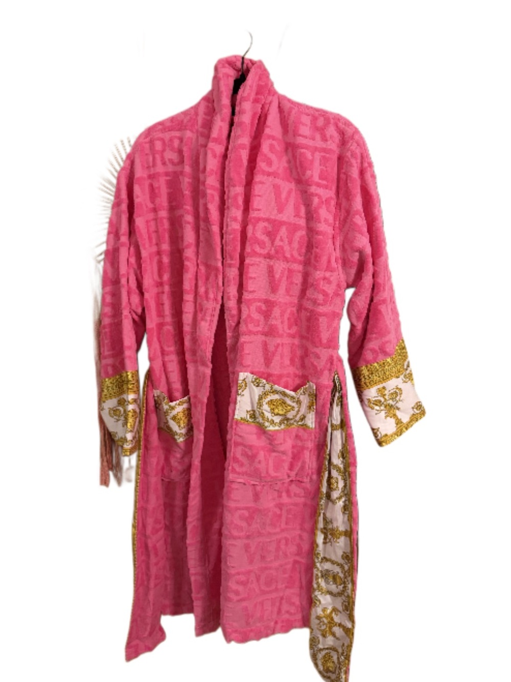 Versace Hot Pink Logo Terry Robe with Gold Baroque Accents